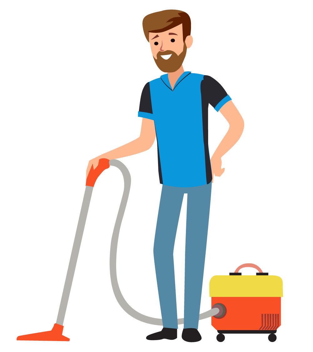 Maid To Order Cleaning chooses only highly professional, trustworthy team members, and every employee is bonded, insured and thoroughly trained. Man with Vacuum.